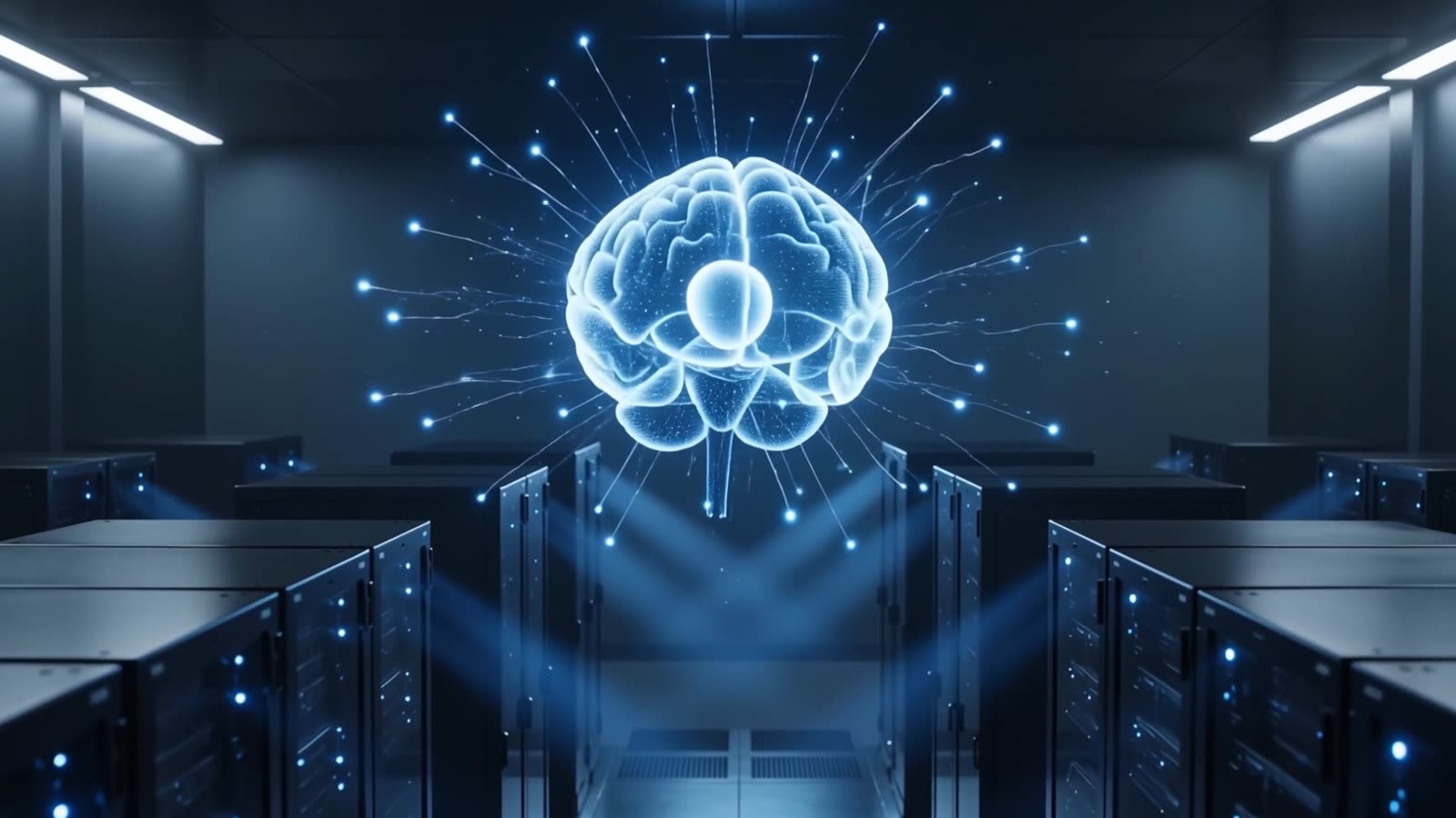 悬浮在服务器机房上空的全息数字大脑
